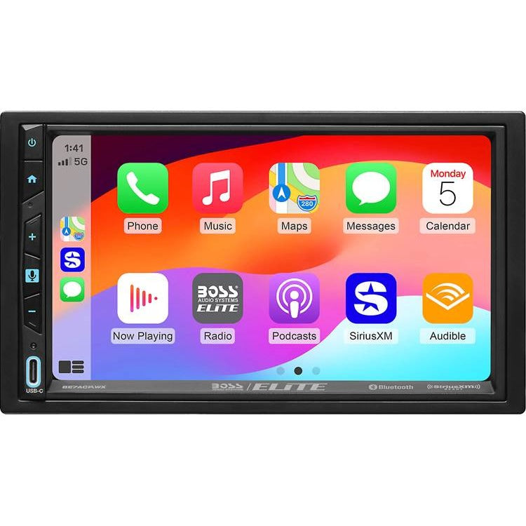 Boss Audio BE7ACP.WX, front view showing touchscreen with CarPlay app icons