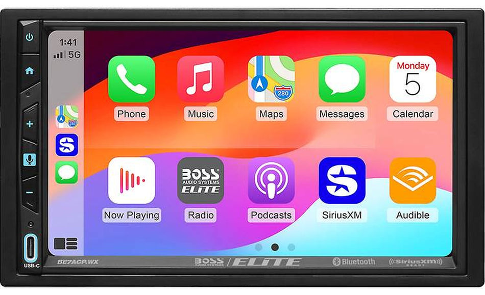 Boss Audio BE7ACP.WXC, front view of touchscreen showing Apple CarPlay app icons