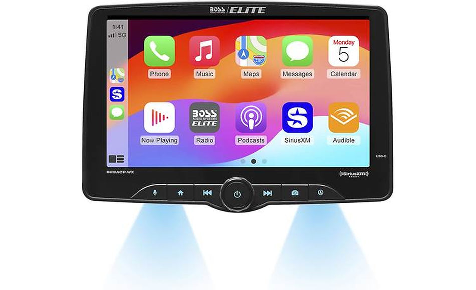 Boss Audio BE9ACP.WX, front view showing Apple CarPlay screen with app icons