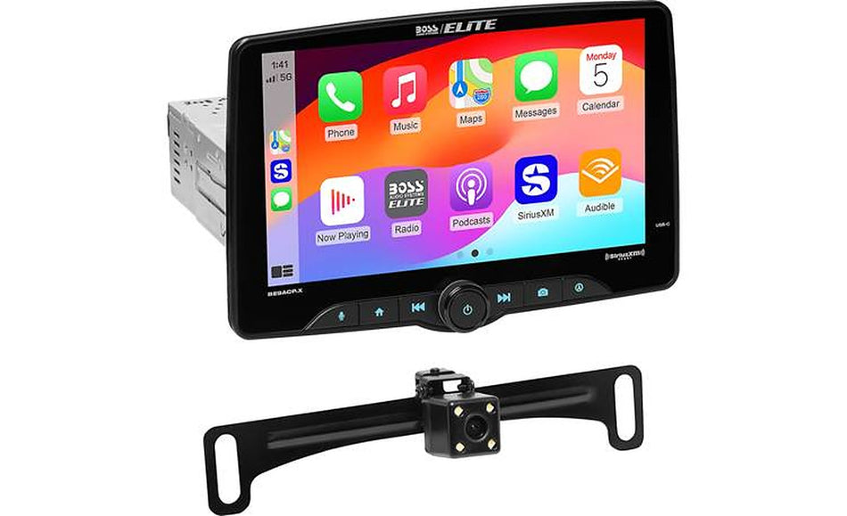 Boss Audio BE9ACP.XC, angled view of touchscreen with license plate backup camera below