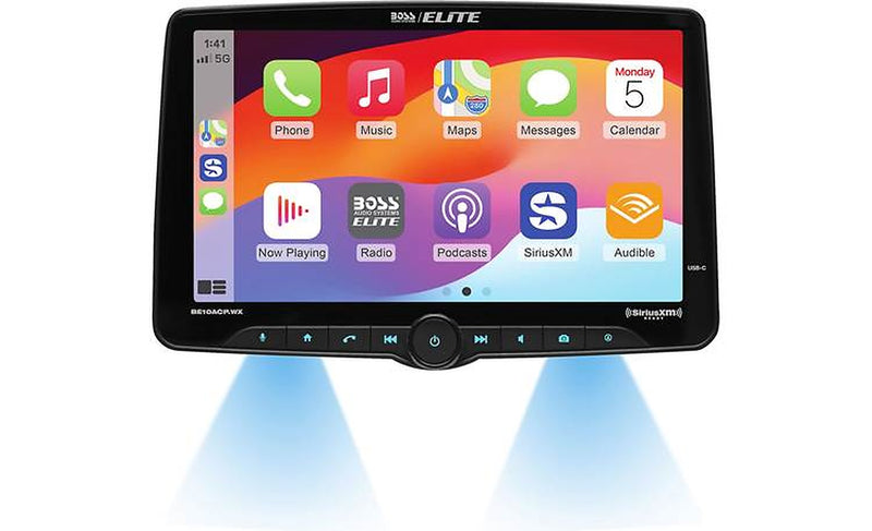 Boss Audio Elite BE10ACP.WX front view, touchscreen showing app icons and volume knob
