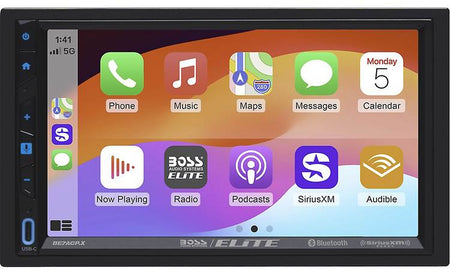 Boss Audio BE7ACP.X, front view of touchscreen showing CarPlay app icons and control buttons