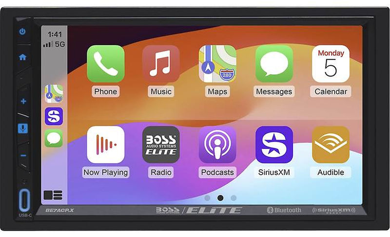 Boss Audio BE7ACP.X, front view of touchscreen showing CarPlay app icons and control buttons