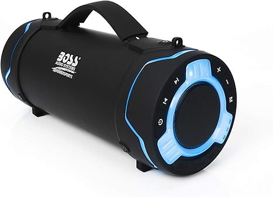 BOSS Audio Systems Tube speaker, front angled view showing control buttons and blue LED trim