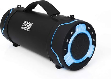 BOSS Audio Systems Tube speaker, front angled view showing control buttons and blue LED trim