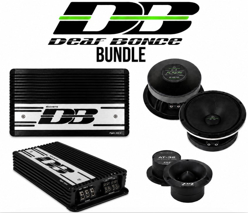 Deaf Bonce Machete Fight MFA-4.320 bundle, logo with amplifier and speaker pair grouping
