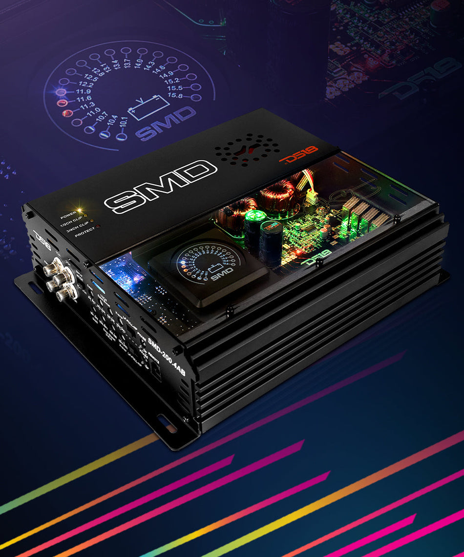 SMD 4-Channel Class AB Amplifier with VM-1 Voltmeter and Digital LED Lights 4 x 200W at 2-ohm - Steve Meade Designs
