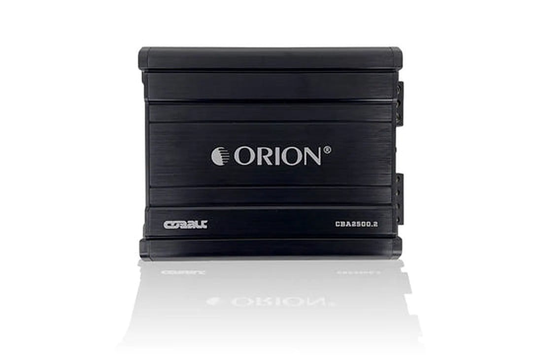 Orion CBA2500.2 amplifier, front view showing logo, model badge and heatsink fins