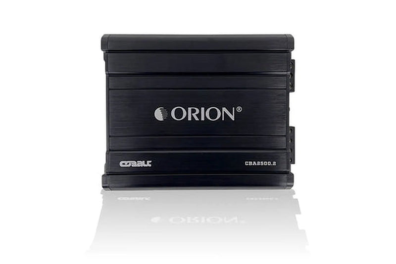 Orion CBA2500.2 amplifier, front view showing logo, model badge and heatsink fins