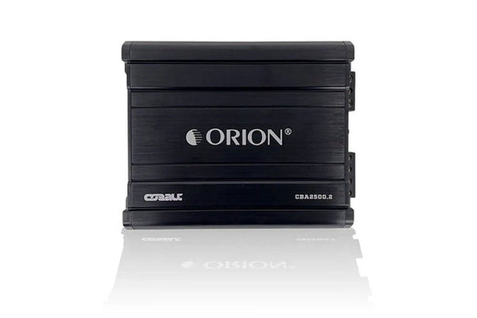 Orion CBA2500.2 amplifier, front view showing logo, model badge and heatsink fins