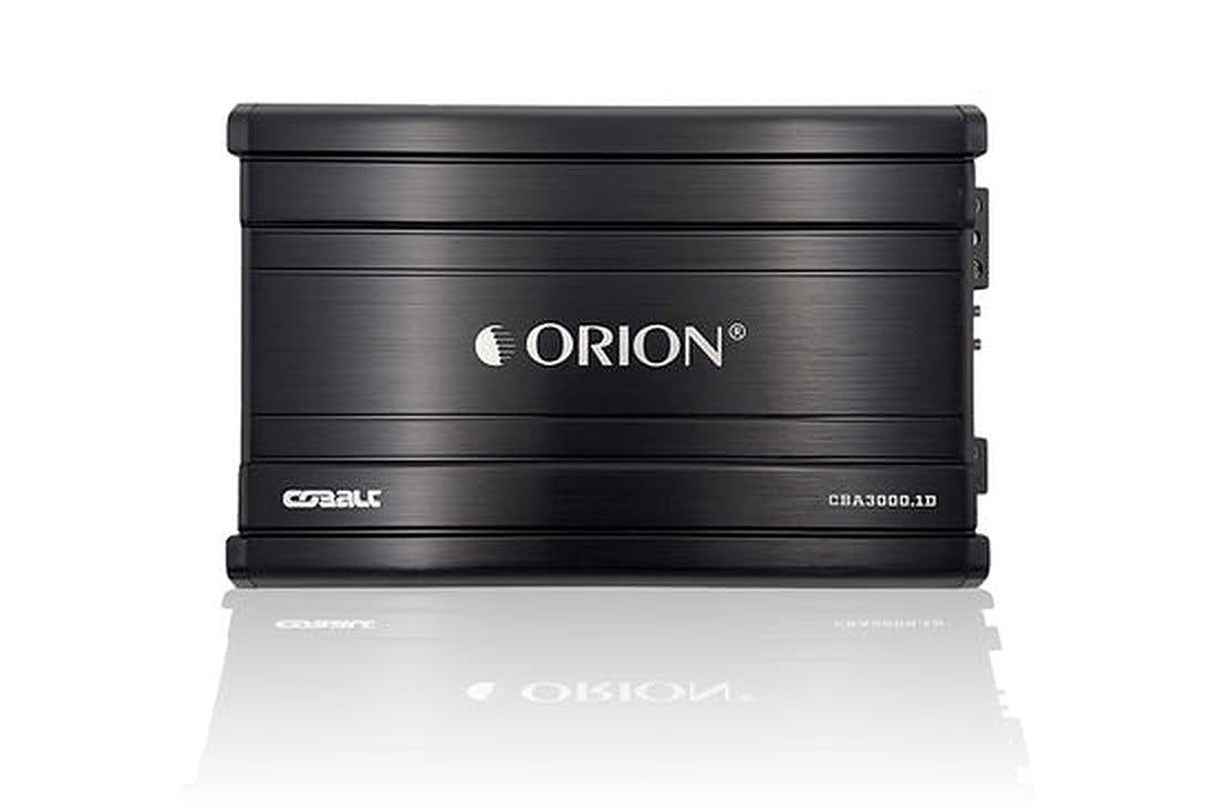 Orion CBA3000.1D amplifier, front view showing logo, Cobalt badge and model number