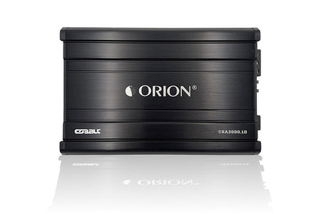 Orion CBA3000.1D amplifier, front view showing logo, Cobalt badge and model number