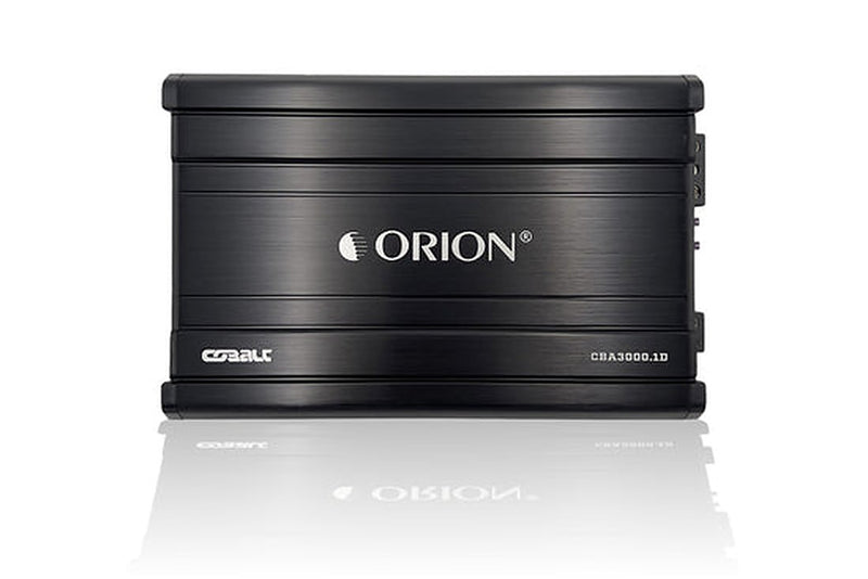 Orion CBA3000.1D amplifier, front view showing logo, Cobalt badge and model number