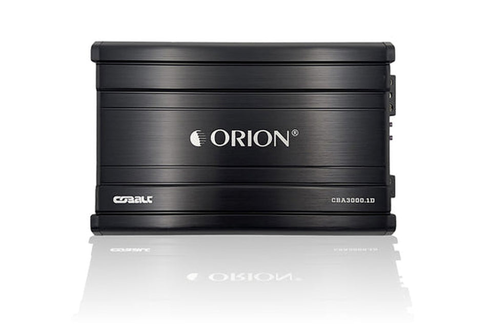 Orion CBA3000.1D amplifier, front view showing logo, Cobalt badge and model number