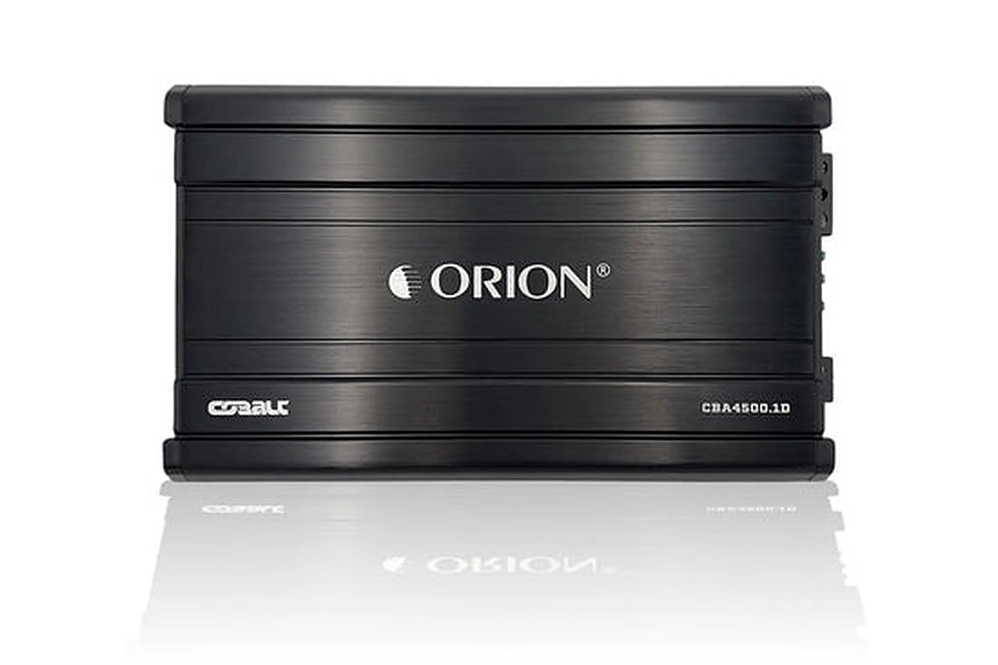 Orion CBA4500.1D amplifier, front view showing logo badge and finned heatsink casing