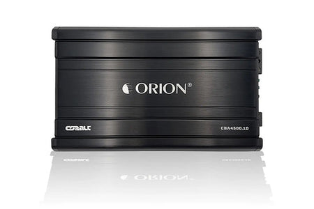 Orion CBA4500.1D amplifier, front view showing logo badge and finned heatsink casing