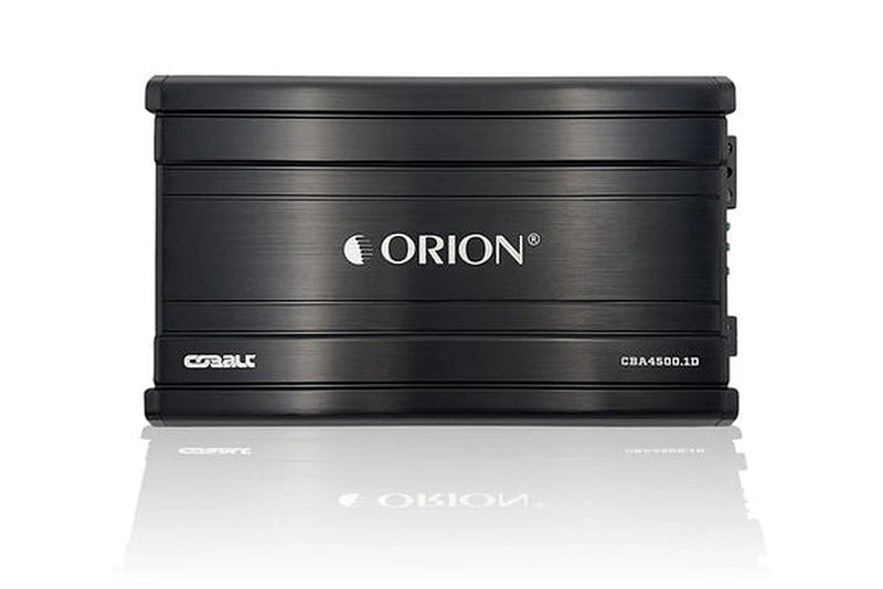 Orion CBA4500.1D amplifier, front view showing logo badge and finned heatsink casing