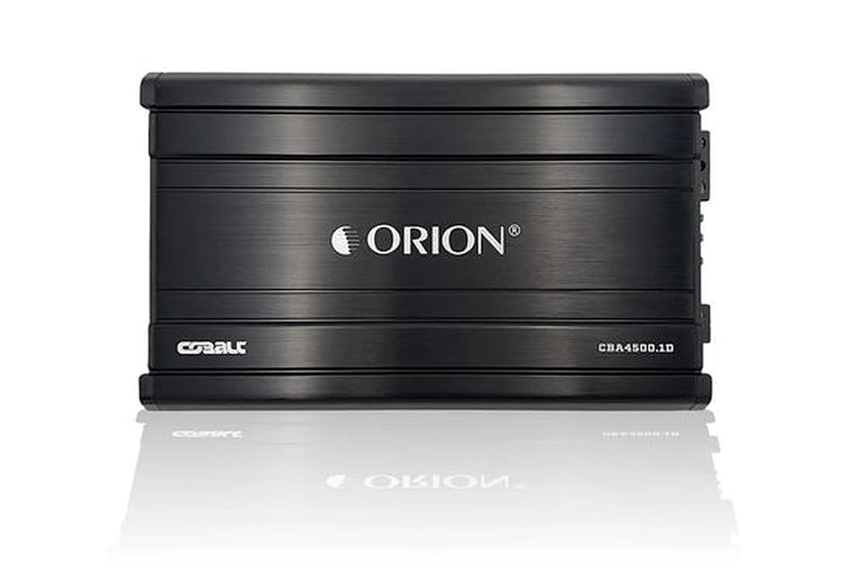 Orion CBA4500.1D amplifier, front view showing logo badge and finned heatsink casing