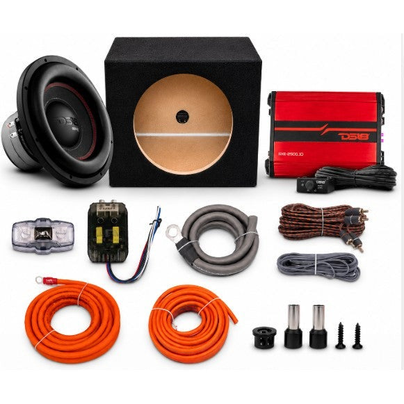 DS18 Complete Bass Package, full kit with subwoofer, sealed enclosure, amp and wiring parts laid out