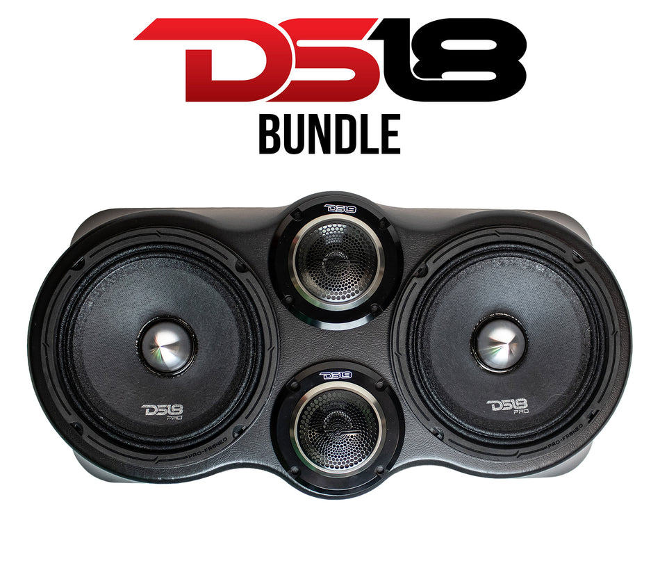 DS18 Car Audio Bundle – Universal SS-SSTT265-3 Vinyl Tiddy-Panel with 2× DS18 PRO-FR6NEO 6.5" Full-Range Midrange Speakers & 2× DS18 PRO-TWN5 1.5" Neodymium Compression Tweeters