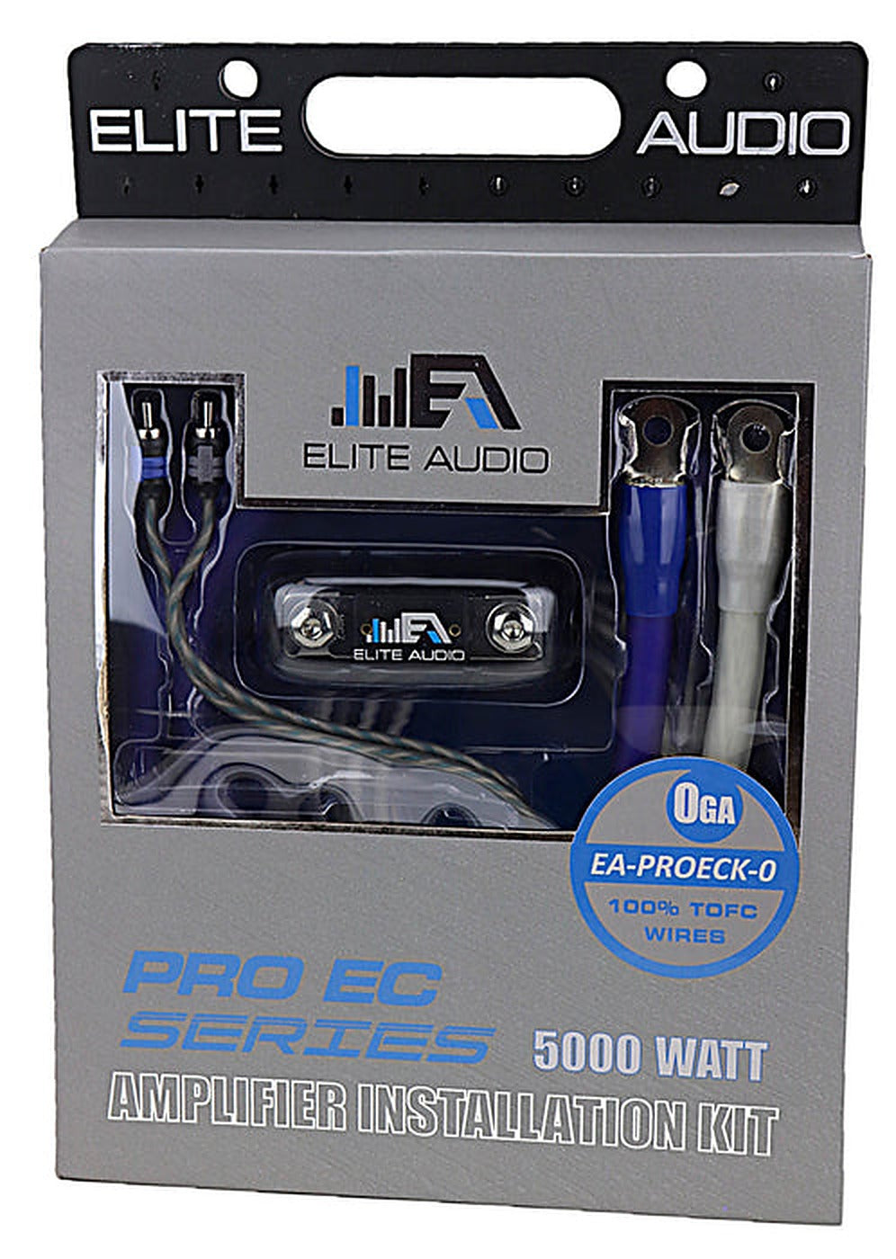 Elite Audio EA-PROK0-EC Pro EC amp install kit, front packaging with visible cables and fuse holder