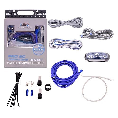 Elite Audio PROK4-EC, retail box beside full wiring kit contents including cables and fuse holder