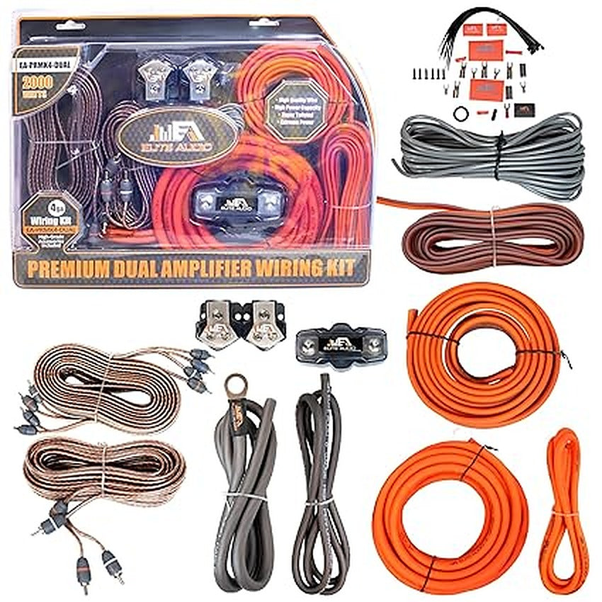 Elite Audio PRMK4-DUAL, full kit with box packaging, coiled orange and brown wires, connectors, fuse holder