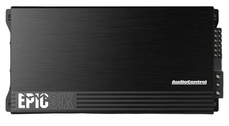 Audio Control EPICSIX 6-Channel Amplifier, top view showing brushed metal finish and logo