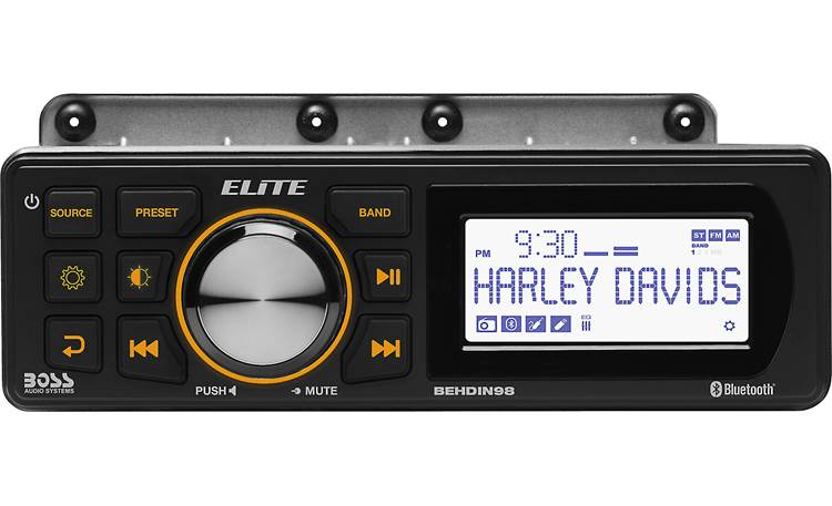 BOSS Audio Systems BEHDIN98 Harley Davidson Amplified Bluetooth Receiver – Directly Fits 1998-2013 Electra Glide & Road Glide, 3” Monochrome LCD, IPX6 Weatherproof Panel & IPX4 Chassis