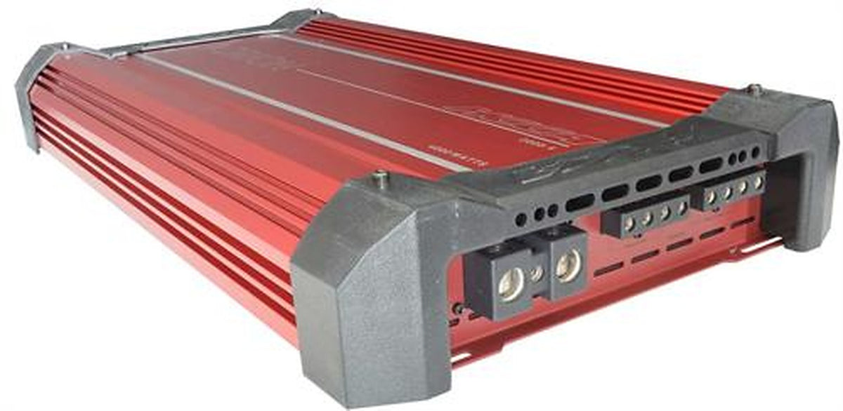 Orion HCCA2000.5 amplifier, angled top view showing red heatsink and end terminals