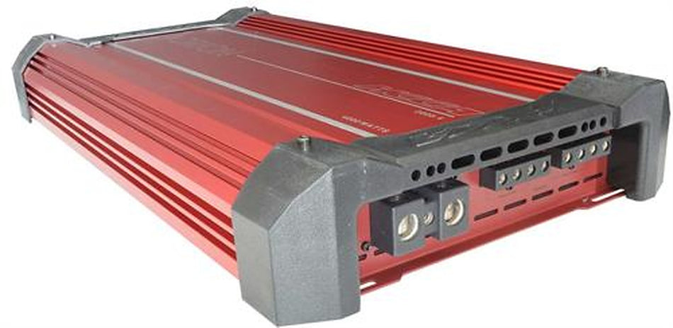 Orion HCCA2000.5 amplifier, angled top view showing red heatsink and end terminals