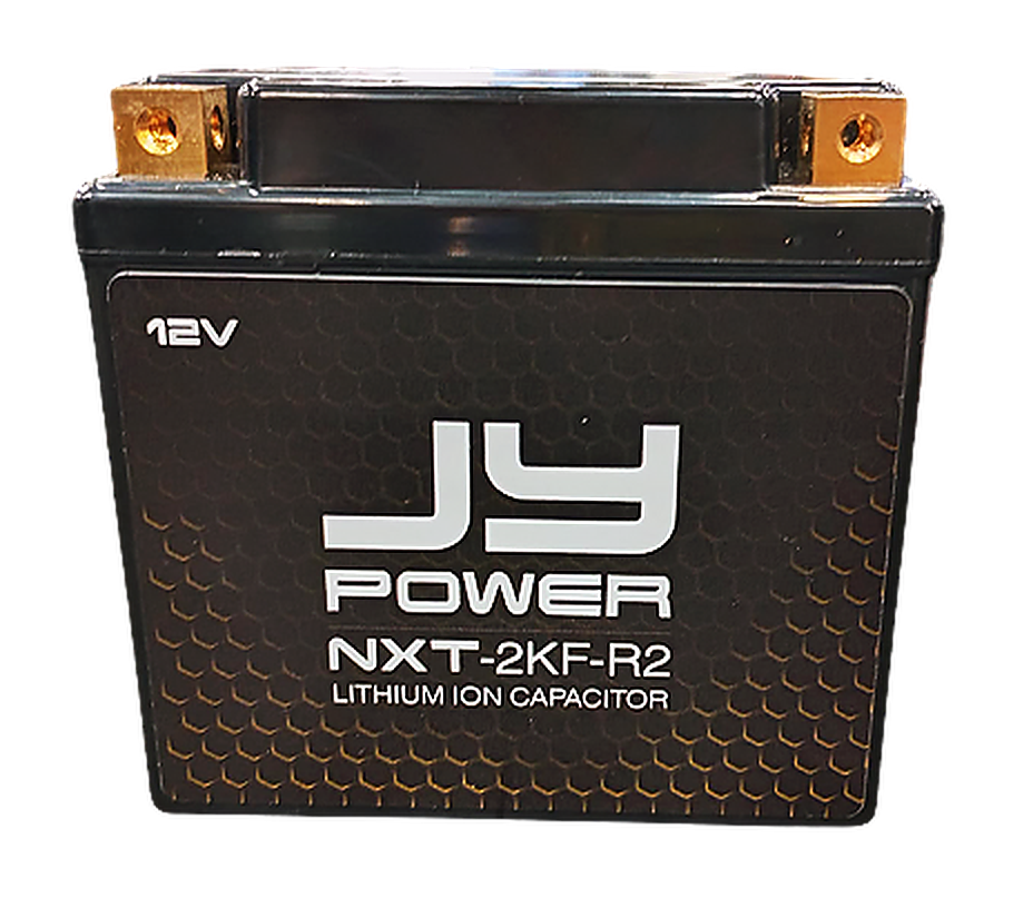 JY Power NXT 2K 3000 Watt Lithium Ion Capacitor, front view showing brass terminals and 12V logo