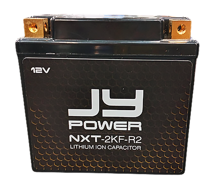 JY Power NXT 2K 3000 Watt Lithium Ion Capacitor, front view showing brass terminals and 12V logo