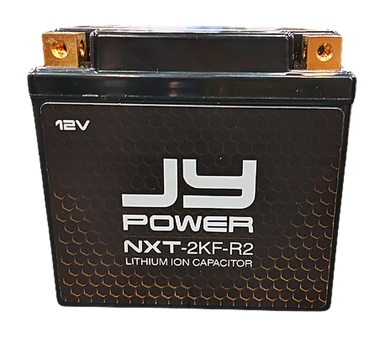 JY Power NXT 2K 3000 Watt Lithium Ion Capacitor, front view showing brass terminals and 12V logo