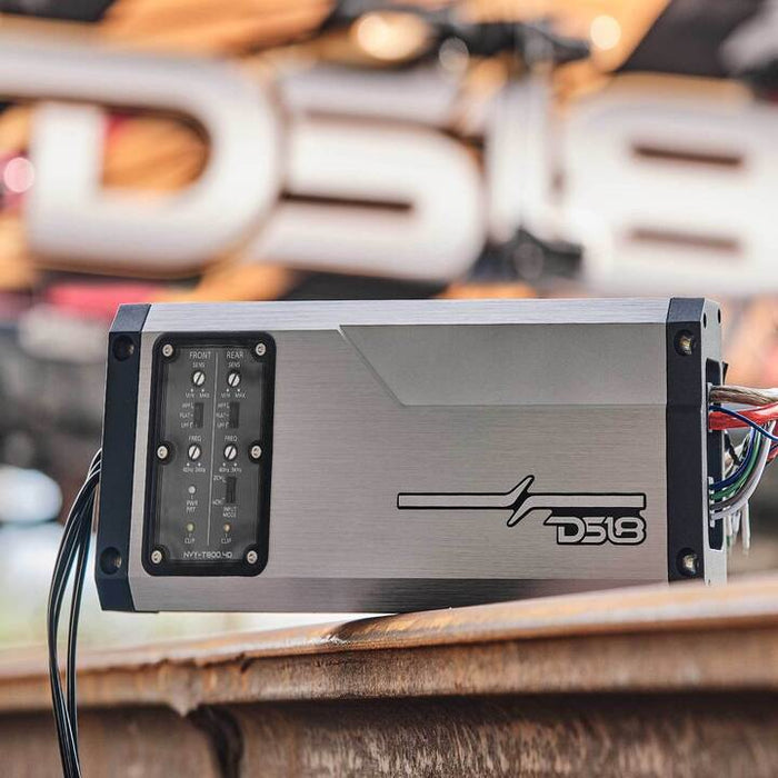 DS18 NVY-T800.4D 4-Channel Marine Waterproof Amplifier 2400 Watts Peak Power Class D Full-Range @4 Ohms 200x4 RMS - Boat & Motorsport Amp - IPX6 Waterproof Rating UV/Salt/Fog Protection
