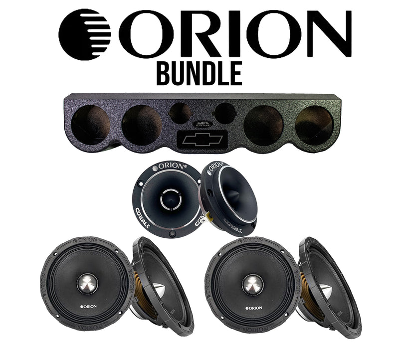 Orion Car Audio Bundle – Elite Audio 38" Roof Panel for 4×6.5" & 2×3.8" | Includes 2 Pairs Orion XTR652NEO 6.5" Midrange Speakers + Orion CTW2.0NEO Bullet Tweeters | Chevy Logo Black