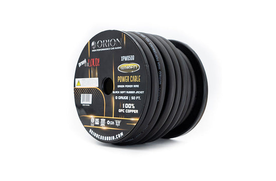 Orion 0-Gauge Power Wire, angled view of black cable spool with front label