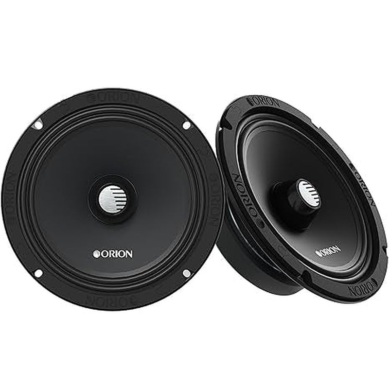 Orion CSH65, pair of speakers shown front and angled side view, black cones
