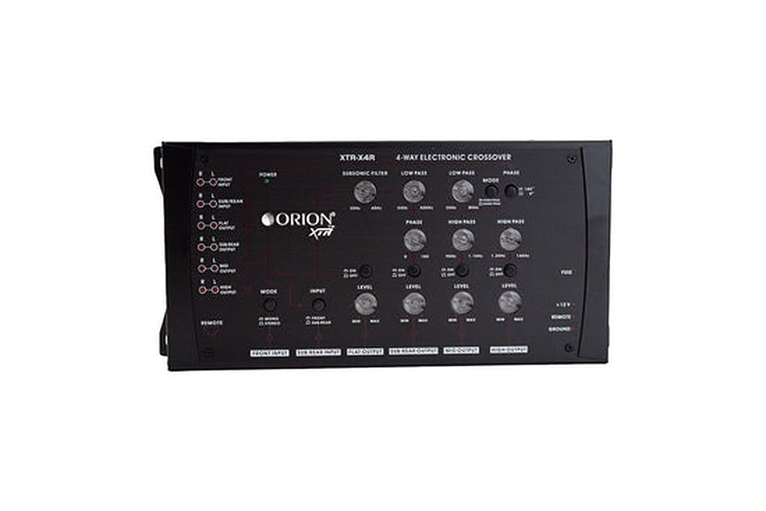 Orion XTR-X4R crossover, front view showing filter knobs and input labels