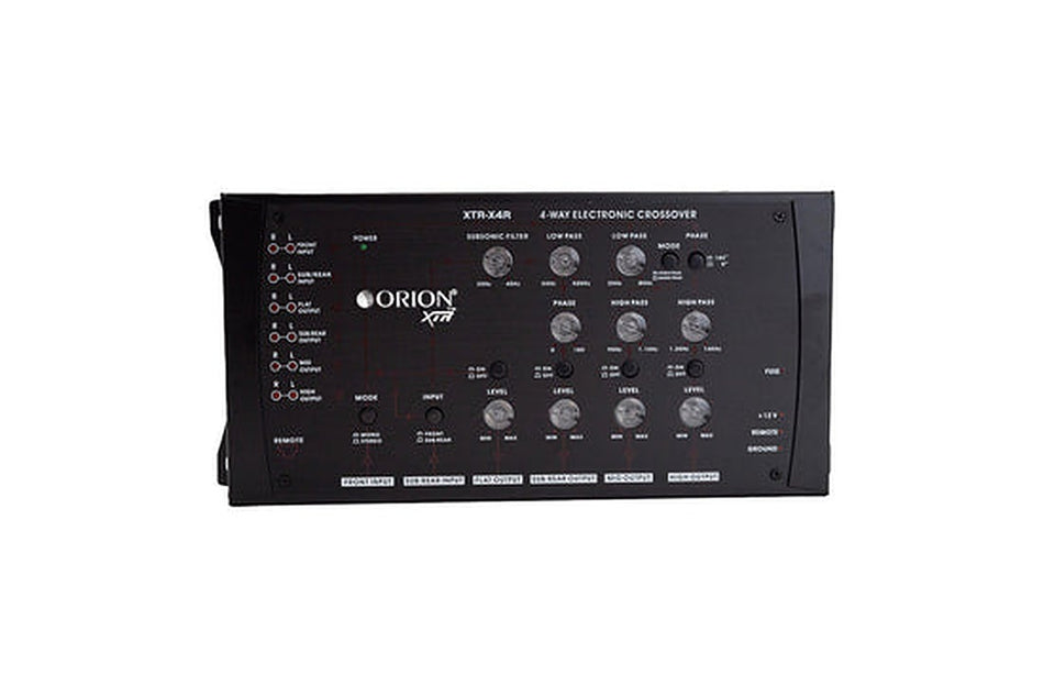 Orion XTR-X4R crossover, front view showing filter knobs and input labels