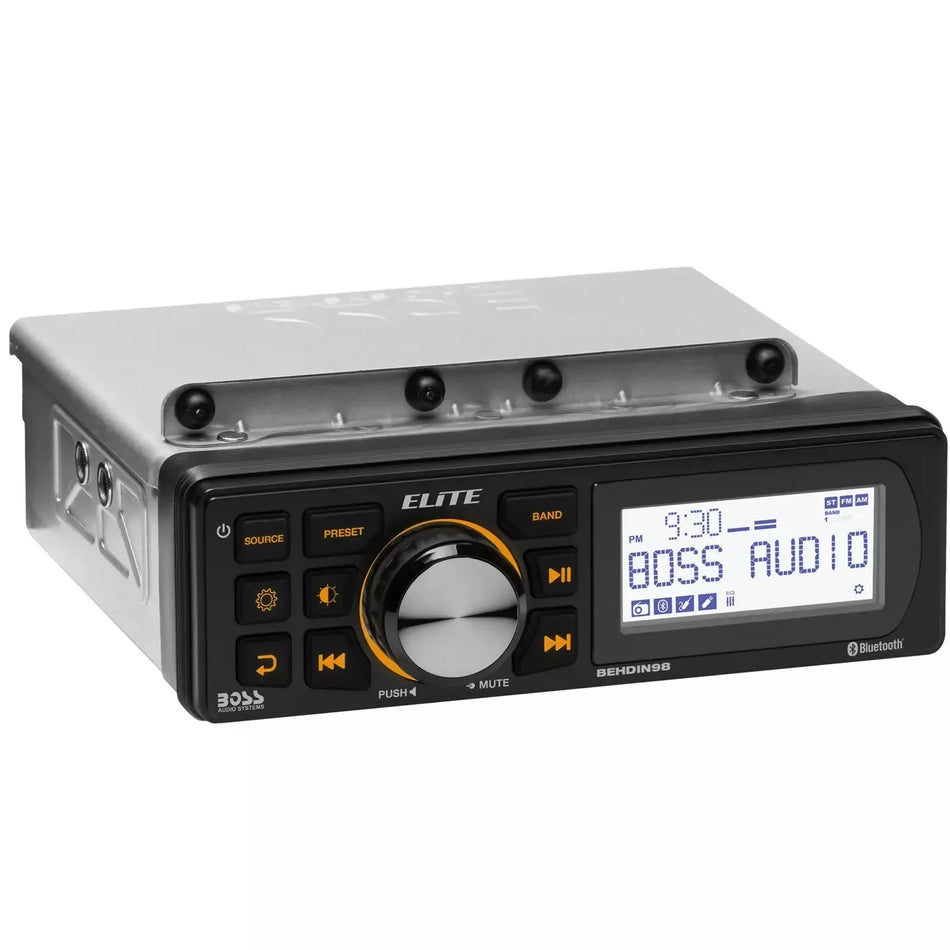 BOSS Audio Systems BEHDIN98 Harley Davidson Amplified Bluetooth Receiver – Directly Fits 1998-2013 Electra Glide & Road Glide, 3” Monochrome LCD, IPX6 Weatherproof Panel & IPX4 Chassis