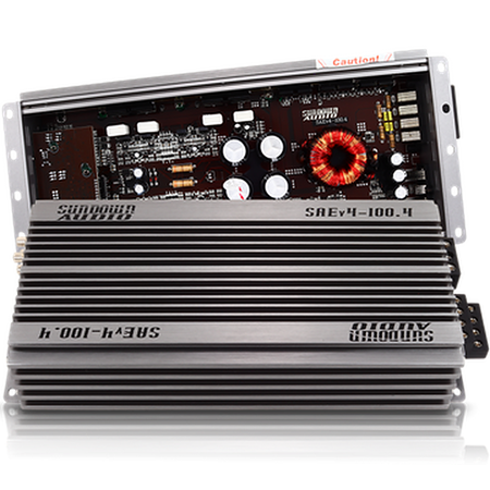 Sundown Audio SAEv.4-100.4, top view showing internal circuit board and heatsink casing