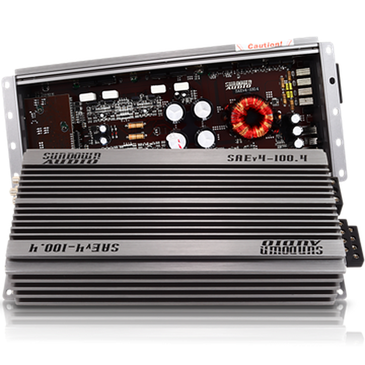 Sundown Audio SAEv.4-100.4, top view showing internal circuit board and heatsink casing