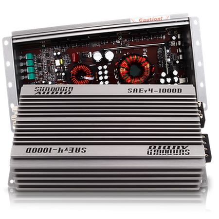 Sundown Audio SUN-SAEv.4-1000D angled view showing open circuit board above closed heatsink casing
