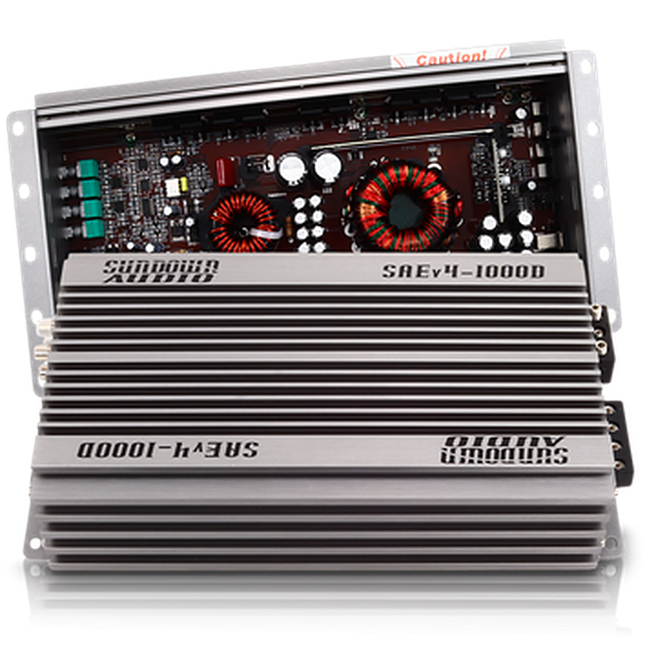 Sundown Audio SUN-SAEv.4-1000D angled view showing open circuit board above closed heatsink casing
