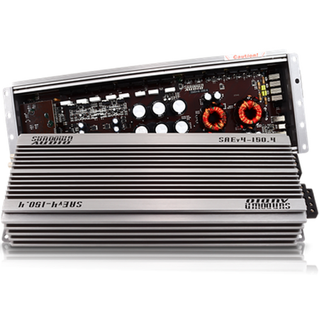 Sundown Audio SUN-SAEv.4-150.4, angled view showing exposed circuit board and heatsink casing