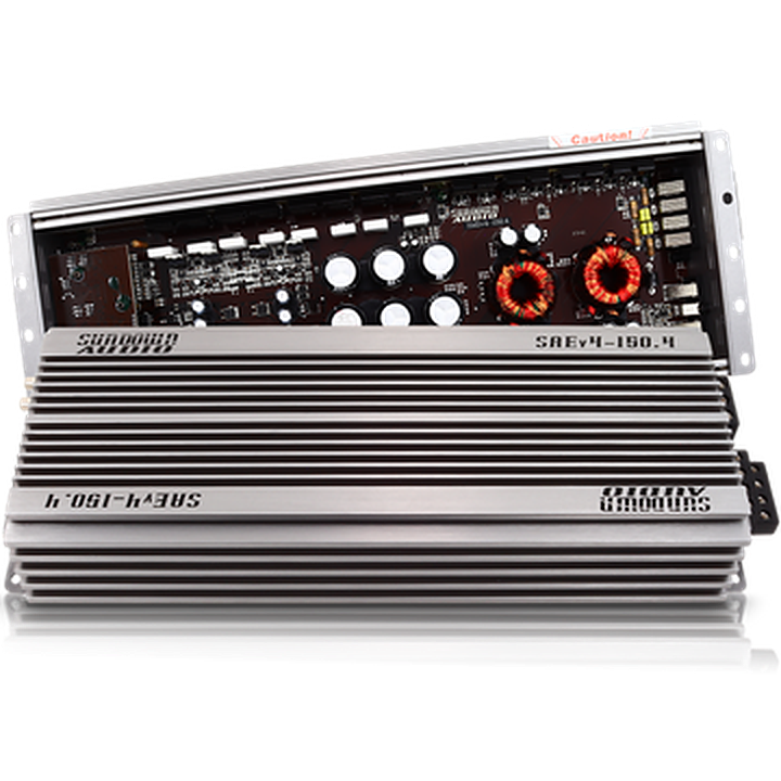 Sundown Audio SUN-SAEv.4-150.4, angled view showing exposed circuit board and heatsink casing