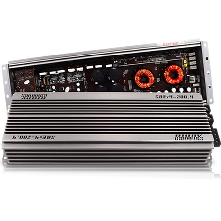 Sundown Audio SAEv4-200.4 angled view showing top heatsink and internal circuit board with capacitors