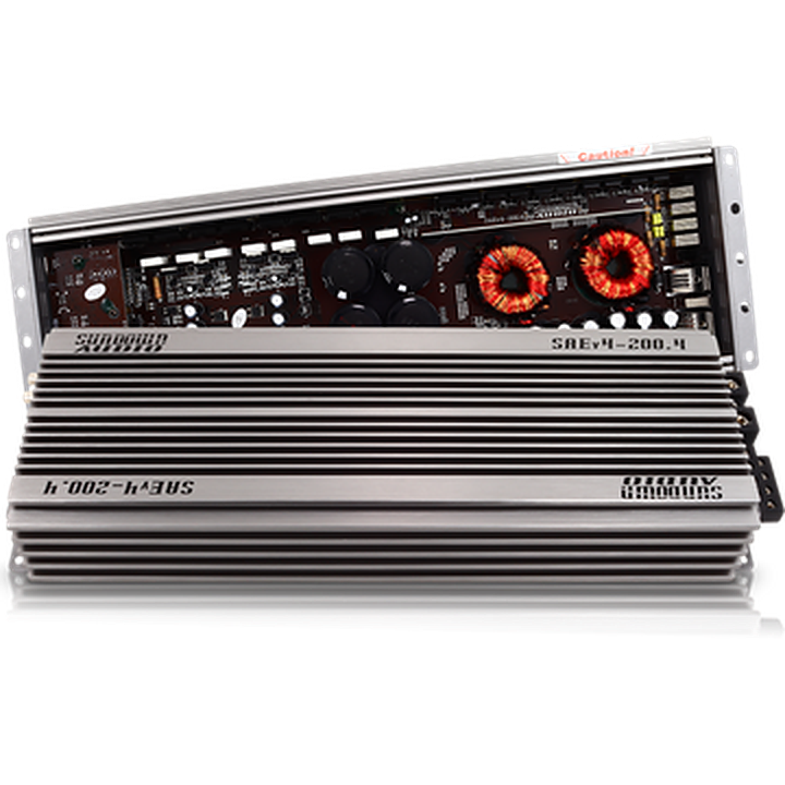 Sundown Audio SAEv4-200.4 angled view showing top heatsink and internal circuit board with capacitors