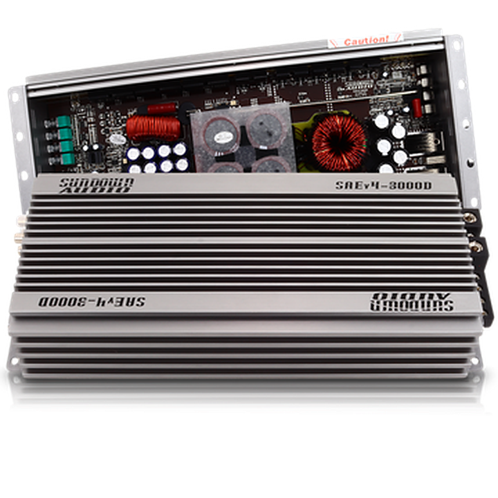 Sundown Audio SUN-SAEv.4-3000D amplifier, angled view showing heatsink and open circuit board with caution label